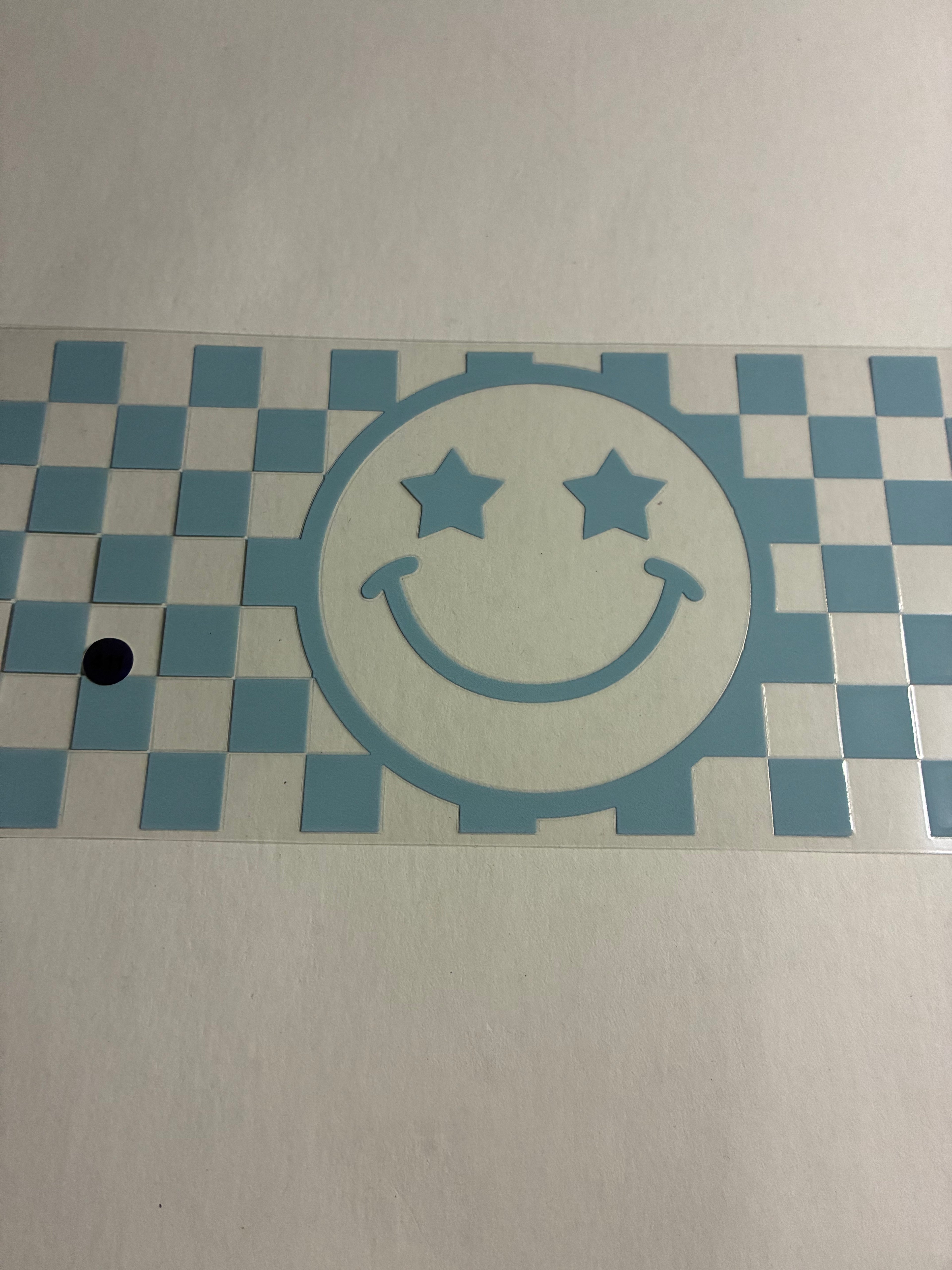 Cup wrap blue checkered star eye smiley face #411