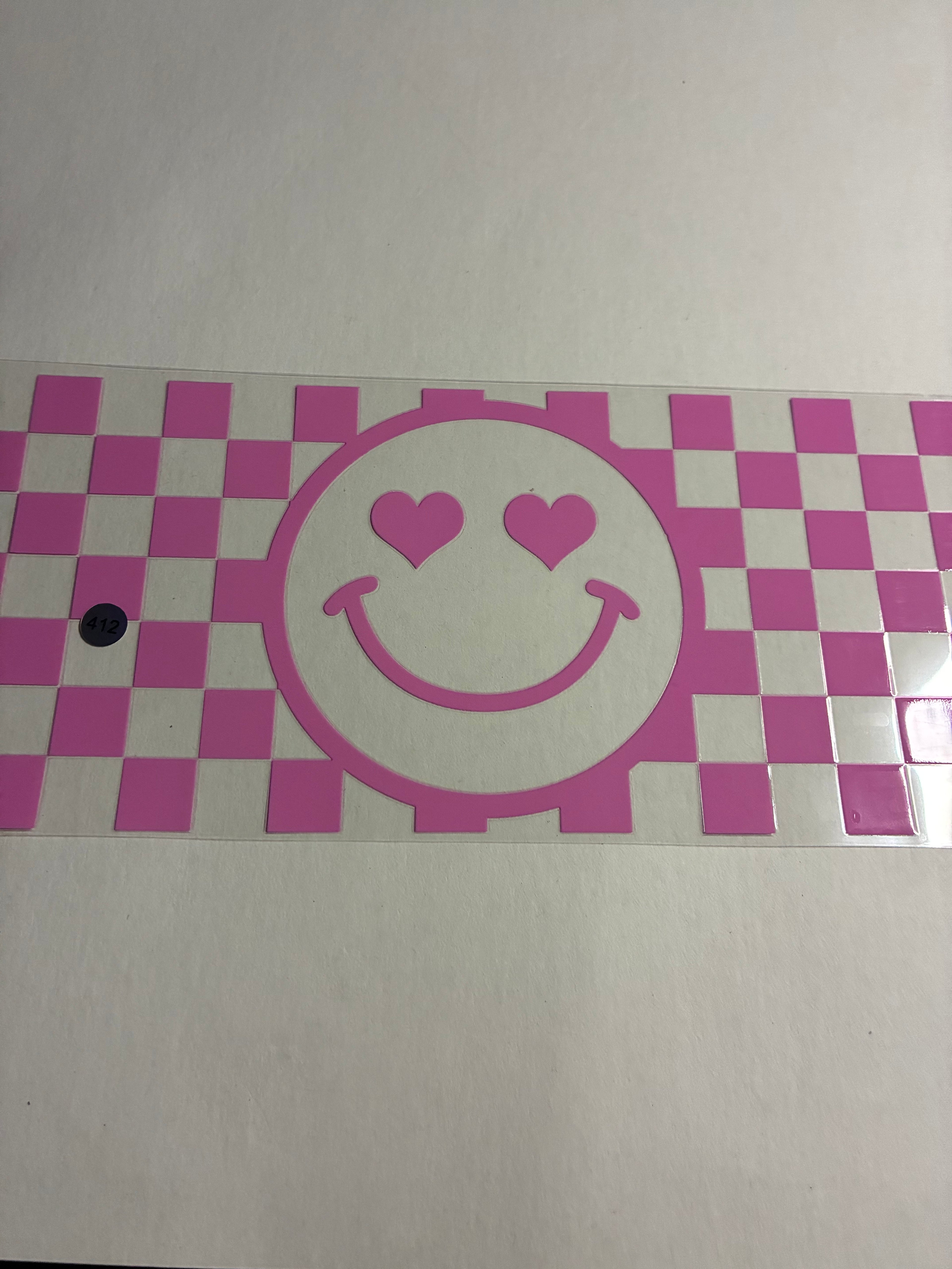 Cup wrap pink checkered heart eye smiley face #412