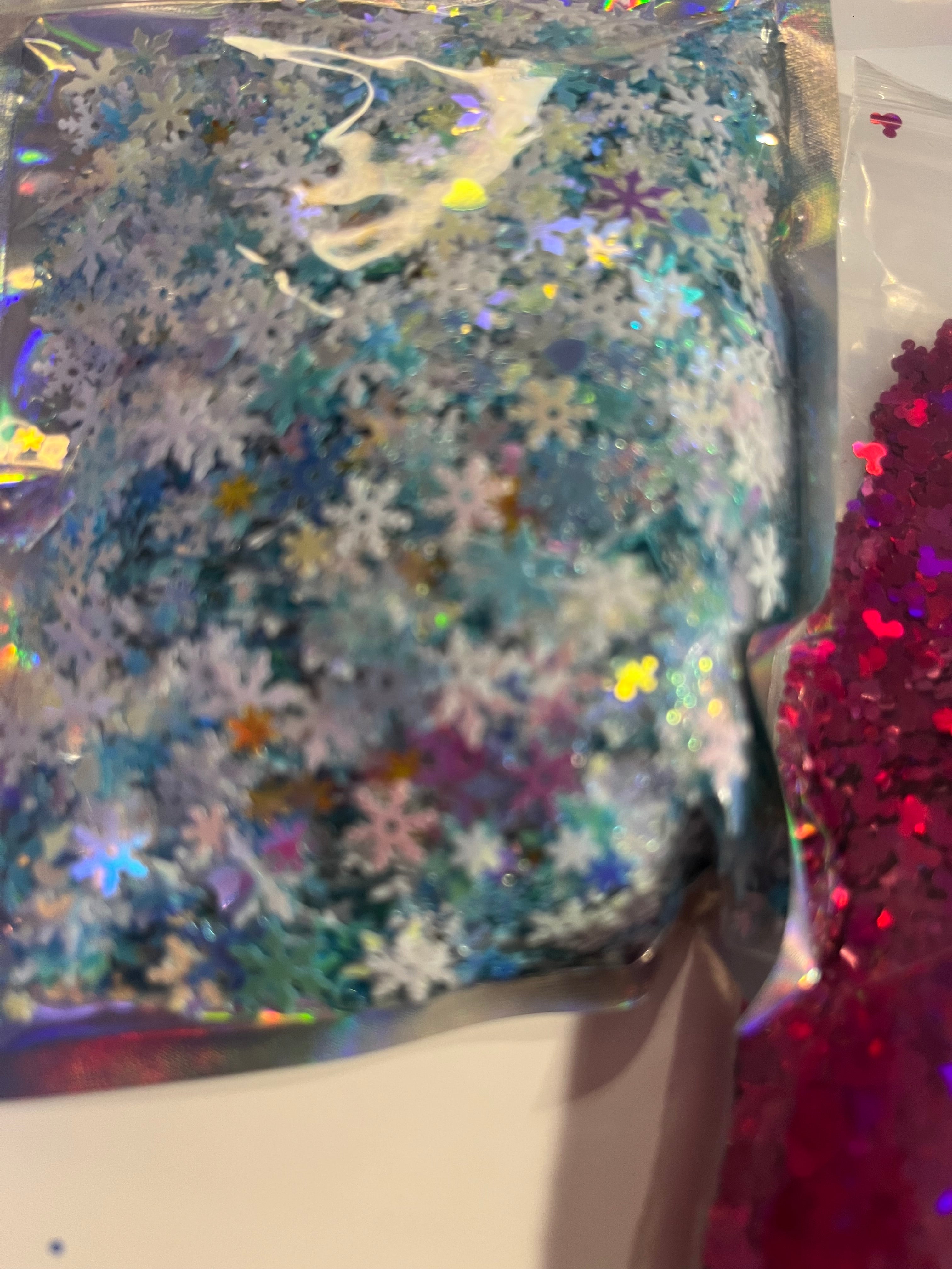 Blue and white snowflake glitter